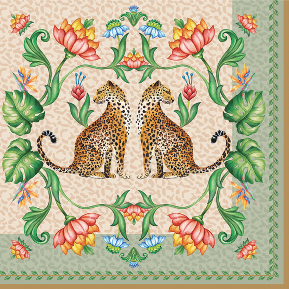 Servilleta de papel Jungle Vibes con dos leopardos, flores y borde verde