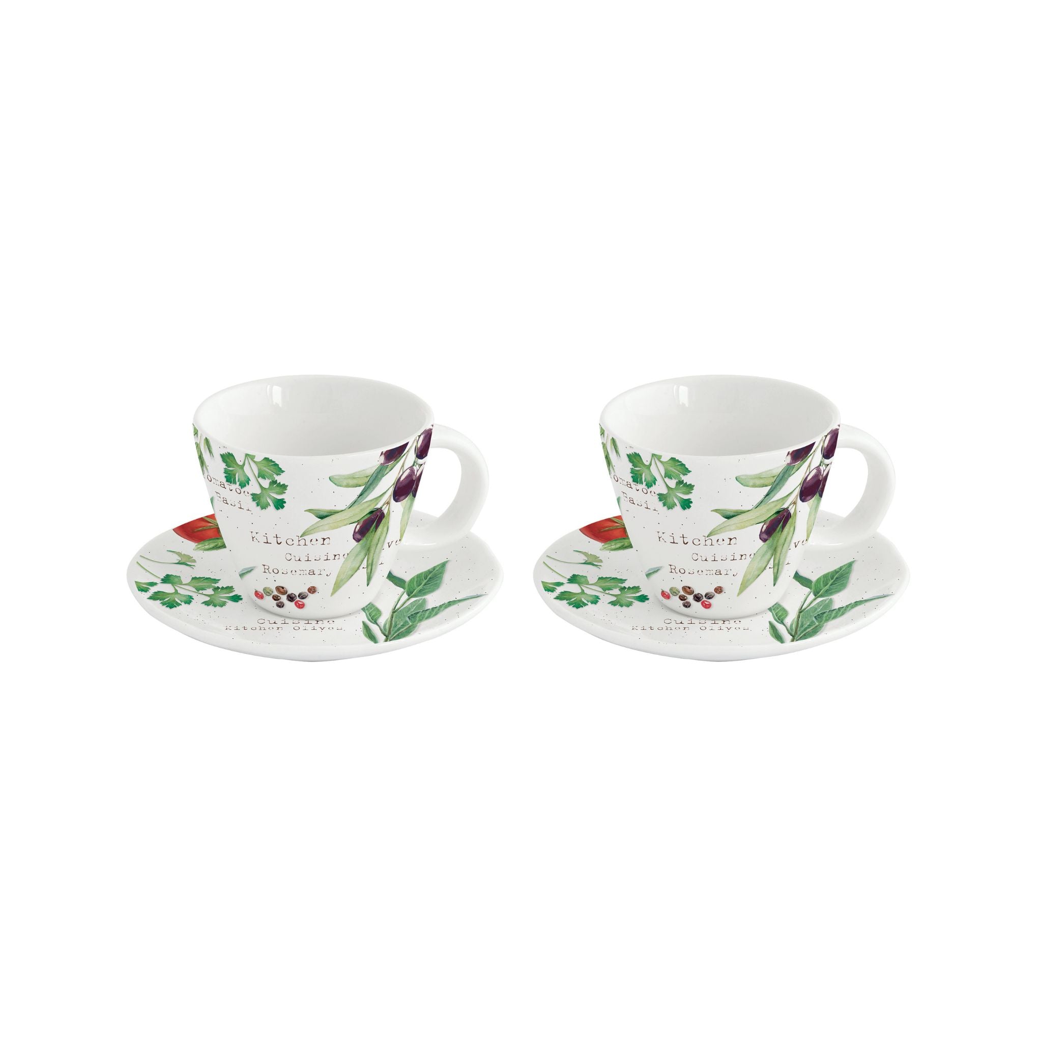 Dos tazas Home&Kitchen blancas con aceitunas y hierbas sobre sus platillos