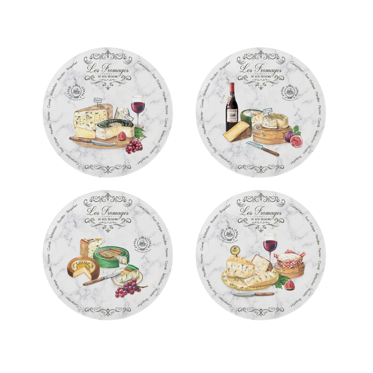 Cuatro platos para queso blancos con ilustraciones de quesos y vino