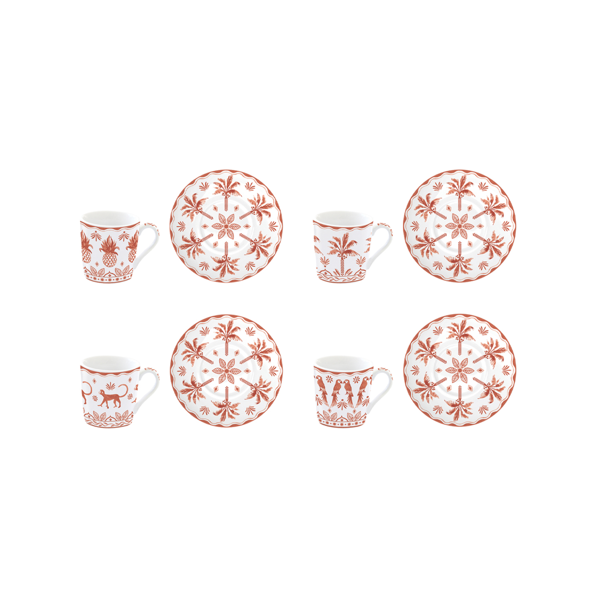 Cuatro tazas de café Exotic Vibes tangerine con platillos de palmeras