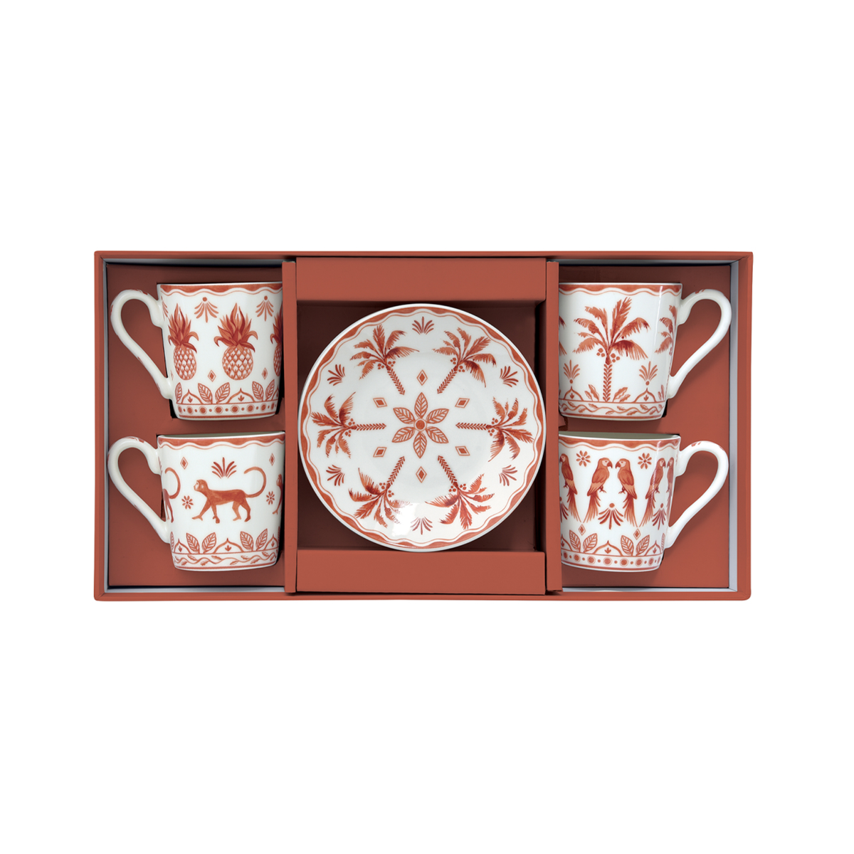 Set de 4 tazas Exotic Vibes tangerine con platillos dentro de su caja de regalo