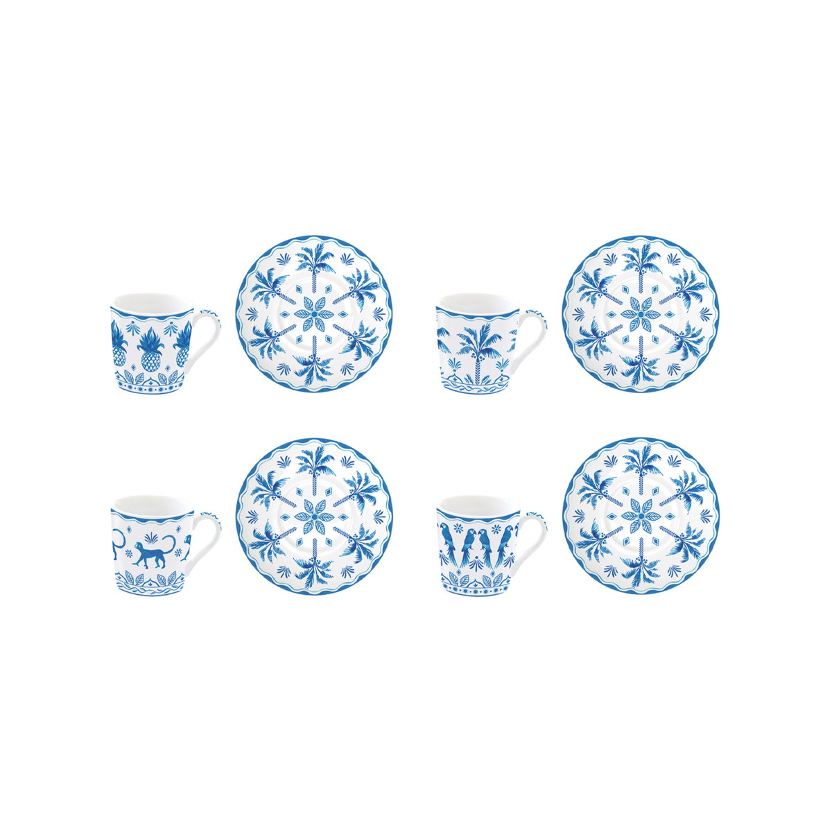 Cuatro tazas de café Exotic Vibes azul con platillos de palmeras