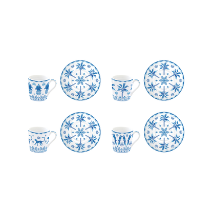 Cuatro tazas de café Exotic Vibes azul con platillos de palmeras