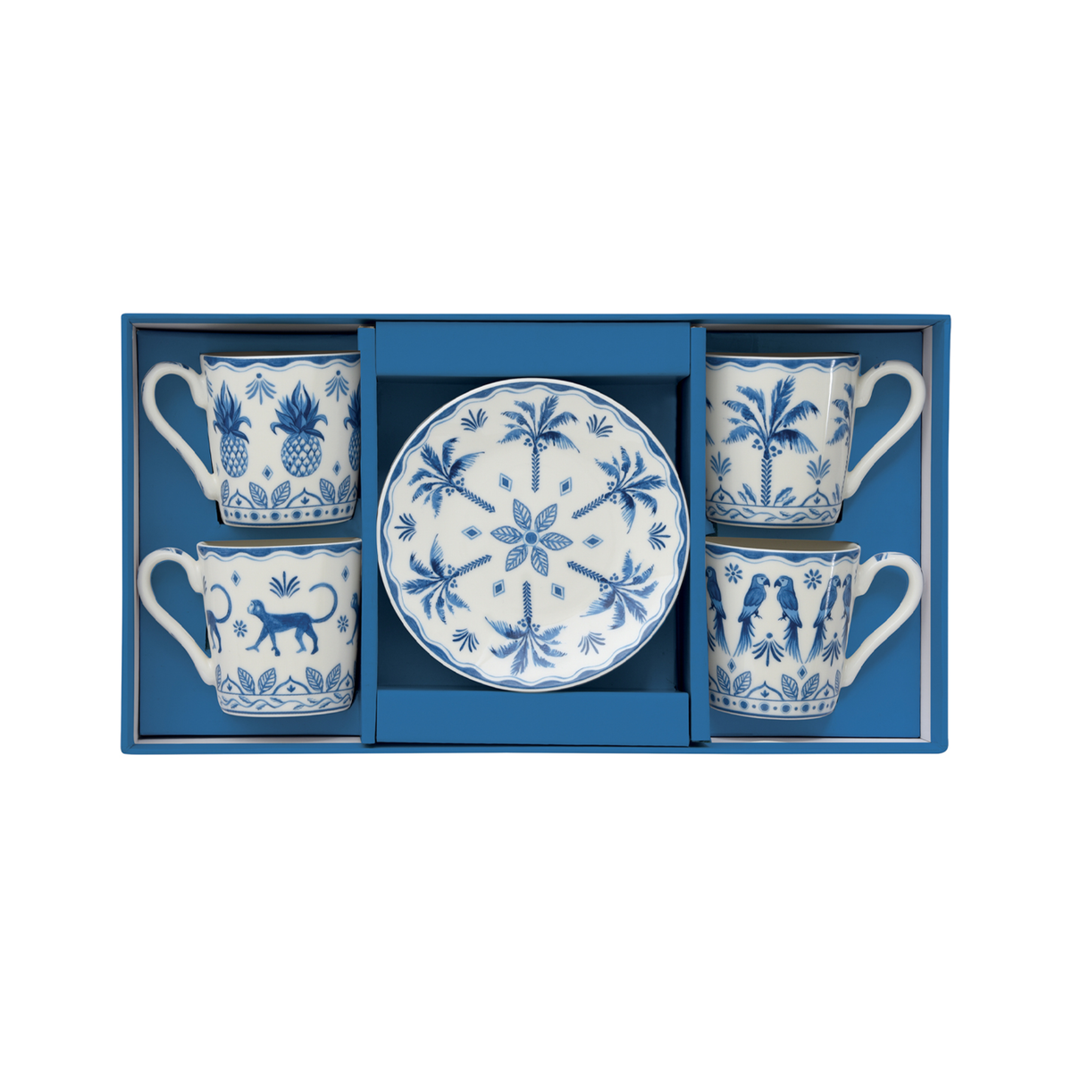 Set de 4 tazas Exotic Vibes azul con platillos dentro de su caja de regalo azul