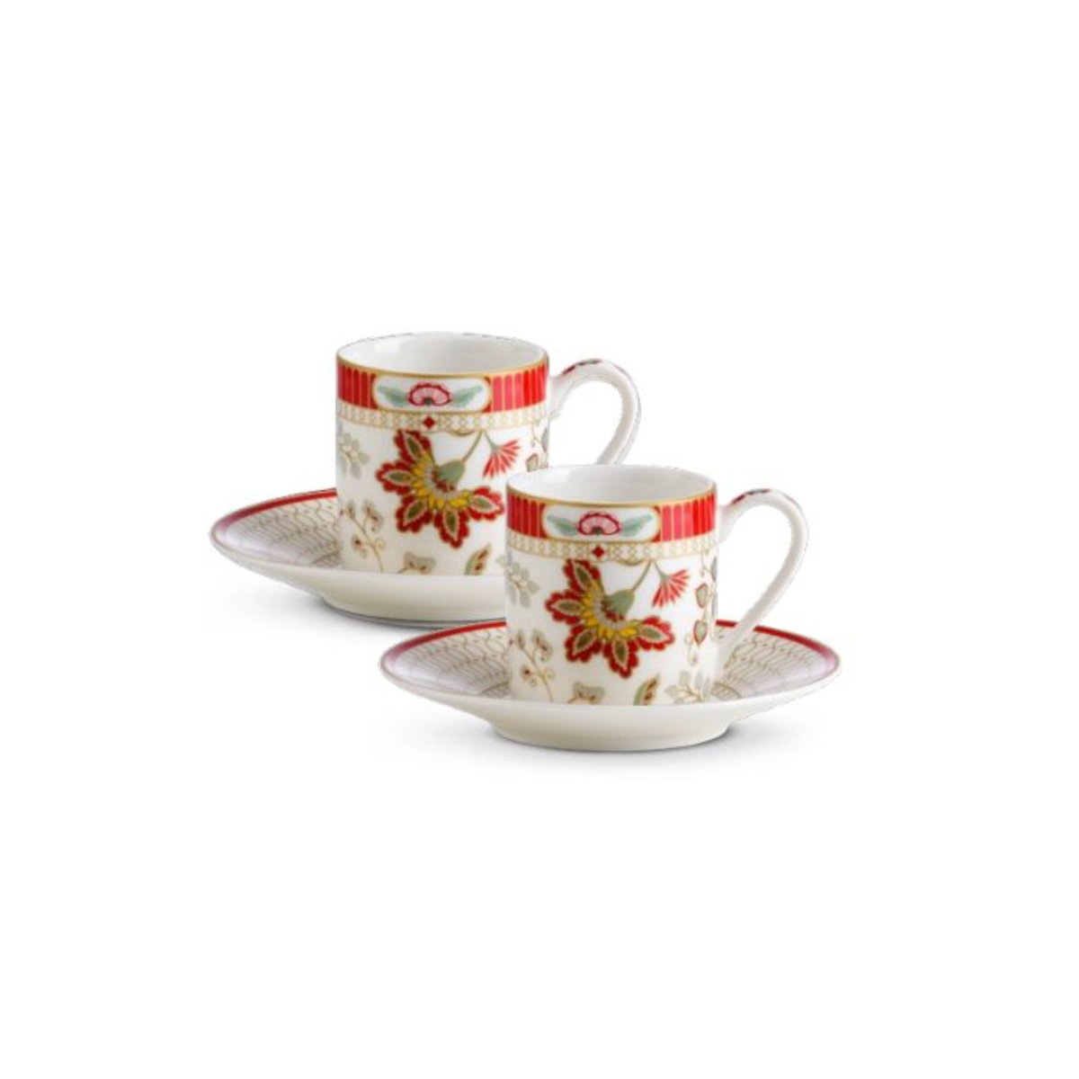 Dos tazas de café Kashmir con flores rojas sobre sus platillos